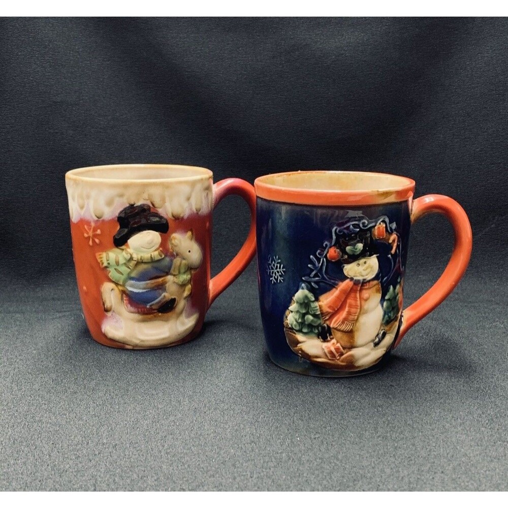 Embossed Glazed Pottery Coffee Mug Set of 2 8 oz Winter Snowman Rustic Christmas